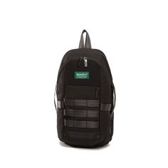 the back pack is black and has two zippers on one side, and an external pocket