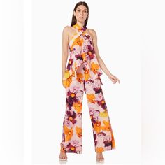 Elliatt Tahlee Floral Print Halter Top & Pants Set In Multi - Two Piece Set - Cold Shoulder Asymmetrical Top - Wide Leg Pants - Vacation Ready - Nwt No Care Tag Chic Purple Spring Sets, Elegant Multicolor Summer Pants, Chic Multicolor Wide Leg Sets, Elegant Pink Floral Print Pants, Chic Floral Print Wide Leg Sets, Chic Wide Leg Jumpsuits And Rompers With Floral Print, Party Floral Print Wide Leg Pants, Spring Vacation Purple Jumpsuits And Rompers, Purple Jumpsuits And Rompers For Spring Vacation