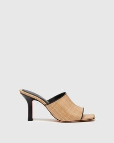 Chic Natural Mules For Spring, Chic Natural Color Spring Mules, Chic Straw Mules For Spring, Modern Summer Mules With Sculpted Heel, Chic Beige Straw Mules, Summer Evening Mules With Wooden Heel, Formal Spring Mules With Woven Sole, Natural Open Heel Mules For Summer, Summer Evening Heels With Woven Sole