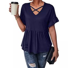 New Hot Selling V-Neck Ruffle Short Sleeve Loose Casual Top T-Shirt Fall V-neck Top With Ruffle Hem, Solid Flutter Sleeve Tops For Fall, Solid Color Flutter Sleeve Tops For Fall, Solid Casual T-shirt With Flutter Sleeves, Fall Solid Color Tops With Flutter Sleeves, Fall Flutter Sleeve Solid Tops, Casual Short Sleeve Top With Ruffle Hem, Casual Solid Color Top With Ruffle Sleeves, Casual Solid Color Tops With Ruffle Sleeves