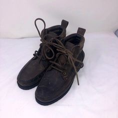 "Vintage 90s Trader Bay Leather Hiking Boots Very rare brown leather inside and outside of boots with leather laces. Men US Size 8 1/2  please check measurements to ensure fit. Measurements: Outsole:  11\" Width at Ball of Foot: 4\" Heel Height: 1\" Height: 6\" Label: Trader Bay Material: Leather, Rubber" Brown Winter Boots, Blue Ankle Boots, Italian Leather Boots, Adam Black, Waterproof Leather Boots, Rugged Boots, Black Leather Oxfords, Leather Hiking Boots, Oxford Dress Shoes