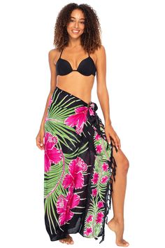 HAWAIIAN PARROT SARONG. Striking parrot sarong wrap with vibrant tropical colors gives you an exotic look and feel. Trimmed with boho fringed edges. Includes a coconut clip for easy tying GENEROUSLY SIZED at 67x 45, this swimsuit cover up fits most sizes. Wear it as a sarong skirt, wrap as a pareo dress, or wear as a shawl. Use for a beach blanket, tablecloth, even a colorful wall hanging 100% RAYON. With a soft, silky feel, rayon is a natural fiber that lets skin breathe. This bathing suit or b Tropical Black Swimwear For Vacation, Black Tropical Swimwear For Vacation, Black Summer Swim Skirt For Beach, Black Summer Swim Skirt For Vacation, Black Swim Skirt For Summer Vacation, Black Sarong For Vacation Beachwear, Black Beachwear Sarong For Vacation, Black Swim Skirt For Beach Season, Black Sarong For Beach Vacation