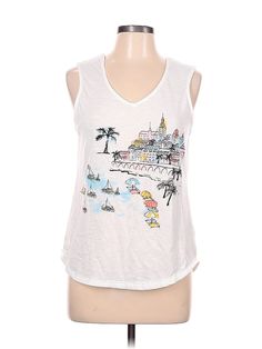 Assorted Brands Sleeveless T Shirt Size: Large Tops - used. 100% RAYON | Sleeveless T-Shirt: White Tops - Size Large Sleeveless Cotton T-shirt For Beach, Sleeveless Graphic Print Top For Vacation, Sleeveless Graphic Print Vacation Tops, Cotton Vest Top For Vacation, Sleeveless Summer Vacation T-shirt, Sleeveless Graphic Print T-shirt For Vacation, Summer Graphic Print V-neck Tank Top, Summer V-neck Tank Top With Graphic Print, Sleeveless Beach T-shirt With Graphic Print