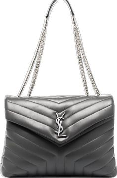 Ysl Logo, Chain Link, Patch Logo, Leather Shoulder Bag, Saint Laurent, Silver Tone, Shoulder Strap, Black Leather, Shoulder Bag