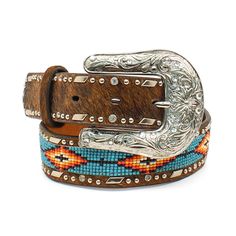 Featuring a multicolor beaded center with nailheads and rhinestone conchos this Southwest inspired belt is perfect for your littlest cowboy or cowgirl. Multicolor beaded center with rhinestones ImportedSouthwest Beaded Hair-On Belt | Kid's Southwest Beaded Hair-On Belt in Brown, Size: 20 by Ariat Ariat Belts, Cowgirl Belts, Girls Belts, Kids Belt, Concho Belt, Rhinestone Belt, Western Boots Women, Branded Belts, Beaded Belt