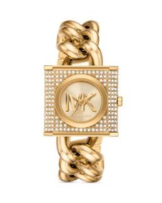 Michael Kors Mk Chain Lock Watch, 25mm x 25mm Gold Watch Women, Michael Kors Watches, Gold Plated Watch, Chain Lock, Crystal Watches, Hand Watch, Watch Women, Silver Logo, Women's Watch