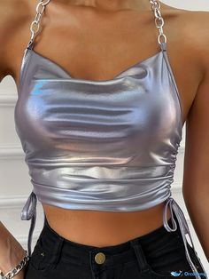 Orcajump - Side Drawstring Chain Strap Halter Top, Y2K Sexy Backless Cowl Neck Crop Top For Summer, Women's Clothing Cowl Neck Crop Top, Top For Summer, Neck Crop Top, Chain Strap, Halter Top, Cowl Neck, Collar Styles, Women's Clothing, Crop Top