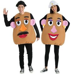 two people in costumes that look like potato head and mustaches, one is wearing a hat