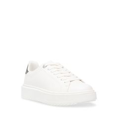 Sport an interesting look with these women's Steve Madden Chunky casual sneakers. Donning synthetic upper with lace-up front, these lace-up sneakers have padded collar and tongue, signature-detailed footbed, contrasting heel patch with patterns and supportive outsole with chunky platform. | Steve Madden Women's Catcher Platform Sneaker in White/Black Size 5. 5 Medium Trendy Lace-up Wedge Sneakers With Rubber Sole, Lace-up Wedge Sneakers With White Sole, Sports Lace-up Platform Sneakers With Vulcanized Sole, Lace-up Platform Sneakers With White Sole For Sports, Trendy Lace-up Wedge Sneakers With White Sole, Sporty Lace-up Platform Sneakers With Vulcanized Sole, Sporty Lace-up Wedge Sneakers With Contrast Sole, Lace-up Platform Sneakers For Sports, High-top Synthetic Platform Sneakers With Laces