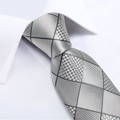 Free Shipping Include Necktie, Pocket Square and Cufflinks Length: 59" Width: 3.15" Pocket Square: 9inches* 9inches Pocket Square Size, Formal Tie, Silver Tie, Cool Box, Cufflink Set, Tuxedo Shirts, Men's Tie, Grey Plaid, Mens Formal