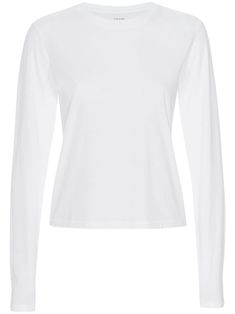 white Supima cotton lightweight jersey round neck long sleeves straight hem Fred Jones, London Outfits, T Shirt Frame, Velvet T Shirt, White Long Sleeve Tee, London Outfit, White Long Sleeve Top, T Shorts, White Long Sleeve Shirt