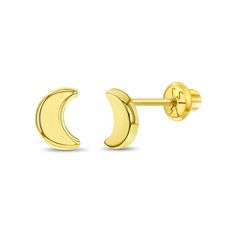 These timeless polished crescent moon screw back earrings are ideal to pair with her favorite school outfits. A pair of earrings polished to a bright luster and crafted entirely from a 14k yellow gold a material that is safe for sensitive ears. This fun half moon shaped screw back earrings are quickly to become their favorite go to pair. Featuring safety screw back locking so they remain safely on their ears. A complimentary gift box is included. Size: one size.  Gender: female.  Age Group: kids Gold Jewelry Earrings, Moon Shapes, Toddler Kids, Girls Earrings, Screw Back Earrings, Sensitive Ears, Half Moon, Crescent Moon, School Outfits