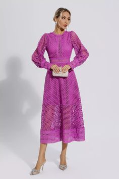 Chic A-line Long Sleeve Dress For Brunch, Elegant Spring Midi Dress With Cut-out Waist, Elegant Midi Dress With Cut-out Waist For Spring, Spring Cocktail Midi Dress With Cut-out Waist, Purple Long Sleeve Midi Dress For Evening, Chic Purple Long Sleeve Midi Dress, Feminine Long Sleeve Midi Dress For Night Out, Spring Party Long Sleeve Midi Dress, Summer Cocktail Midi Dress With Long Sleeves