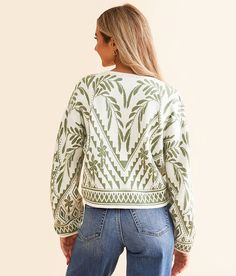 Z Supply Yeva Sweater - Cream/Green Small, Women's Palmgreen Leaf print boxy sweater Bust measures 41 on size small Body length 19 1/4 on size small. 49% Rayon 30% Polyester 21% Nylon. Hand wash inside out with like colors. Only non-chlorine bleach when needed. Do not wring or twist. Reshape and lay flat to dry. Warm iron if needed. Apparel & Accessories > Clothing > Shirts & Tops Palm Green, Boxy Sweater, Sweater Cream, Sweater For Women, Women's Sweaters, Accessories Clothing, Leaf Print, Leaf Prints, Lay Flat