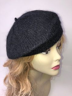 Hand-Knitted Beret/Hat Wool Silk Mohair blend, Black Classic Winter Beret One Size, Winter Black Mini Hats One Size, Winter Hand Knitted Beret, Black Winter Beret, Classic Black Knitted Hat, Classic Fitted Beret For Winter, Classic Fitted Winter Beret, Black Mini Hats One Size For Winter, Winter Brimmed Beret One Size Fits Most