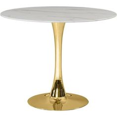 a white table with gold legs and a round marble top on an isolated pedestal, viewed from the front