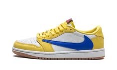 The Travis Scott x Women’s Air Jordan 1 Low OG “Canary” is a women’s-exclusive colorway of the retro basketball shoe inspired by the hip-hop star’s high school.  Also known as the “Elkins” after Scott’s high school, the “Canary” Jordan 1 Low OG features bold, creative details such as the rapper’s signature reverse Swoosh and “Cactus Jack” branding.  Specifically, the upper has a white leather base with Canary leather overlays on the forefoot and heel.  A reverse Racer Blue leather Swoosh can be Jordan Golf, Black Tongue, Nike X Travis Scott, Retro Basketball Shoes, Retro Basketball, Jordans Women, Jordan 8, Cactus Jack, Jordan 2