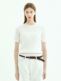 This is a sweater that has a cool and dry texture and touch. With cable knit pattern that gives a classic mood and soft color, it can easily be worn for daily outfit. - Round neckline- Cool Dry Insulation fabric- Short sleeves Classic Crew Neck Knit Top, Elegant Cable Knit Crew Neck Top, Elegant Crew Neck Cable Knit Top, Beige Cable Knit Top For Work, Classic Cream Knit Top, Winter Short Sleeve Pointelle Sweater, Cable Knit Crew Neck Top, Crew Neck Cable Knit Top, Beige Cable Knit Top With Crew Neck