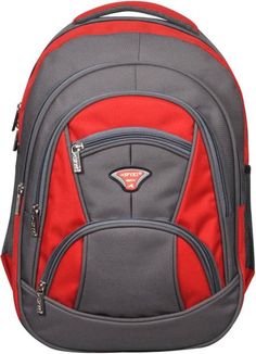 a red and grey backpack with the word's logo on it