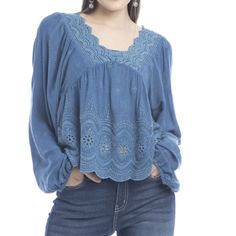 Brand New With Tags! This Gorgeous Eyelet, Crochet Top Makes A Wonderful Fashion Statement. Gathered Bust Line And Sleeves Complete The Look. Material Rayon Blue Bohemian Crochet Top, Casual Blue Crochet Lace Top, Floral Peasant Blouse, Jacquard Shirt, Layered Blouse, Striped Sweatshirts, Flannel Tops, Burgundy Lace, Blouse Short Sleeve