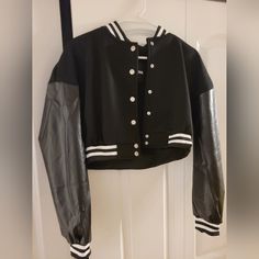 Nwt Black Cropped Varsity Jacket Size M Pleather Sleeves Black Varsity Jacket For College In Spring, Black Varsity Outerwear For Spring, Trendy Black Varsity Jacket For Fall, Trendy Black Varsity Jacket For Spring, Trendy Fitted Black Varsity Jacket, Trendy Black Fitted Varsity Jacket, Black Varsity Jacket For Spring, Black Spring Varsity Jacket, Spring College Leather Jacket Long Sleeve