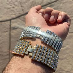 Men's Six-row Pharaoh iced bracelet. 14k gold plated OR silver tone over alloy. Stones shine so hard they will blind you. Measures 8.5" inch long x 1 inch thick. Has a stylish and secure box clasp lock. Good weight to it at approx 90 grams. Stunning bracelet that's sure to please. Enjoy 100% FREE SHIPPING in USA. Order now! Box Clasp, Order Now, The Row, 1 Inch, Silver Tone, Gold Plate, Plating, Bracelet, Free Shipping