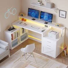 a computer desk with two monitors on top of it in a living room next to a white chair