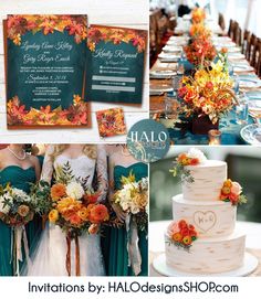 wedding stationery with fall leaves and flowers on the table at an autumn wedding reception