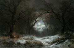 a painting of snow covered ground with trees and moon in the sky above it,