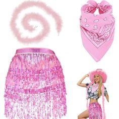 PRICES MAY VARY. Feminine Cowgirl Costumes: you will receive 3 pieces of cowgirl outfits, including 1 sequin fringe skirt, 1 light pink bandana and 1 fluffy boa in pink color; These party supplies can suffice your needs for dressing at Halloween parties or some other themed parties Notable Size Details: the size of the pink fringe skirt can be adjusted upon your actual needs, about 220 cm/ 86.6 inch in unfolding size, and the decoration part size is about 80 cm/ 31.5 inch long; The chandelle fea