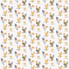 chickens and roosters are painted on a white wallpaper with red, yellow, blue, and orange colors