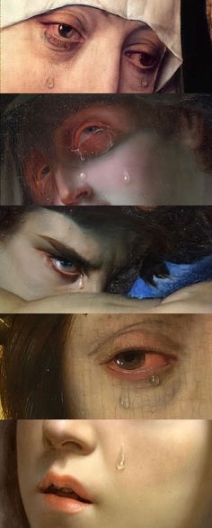 four different images of the same woman's face with tears on her eyes