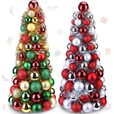 two christmas trees made out of balls and tinsels, each decorated in different colors