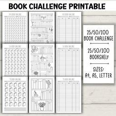 the printable book challenge is shown with four bookshelves on each page, and two