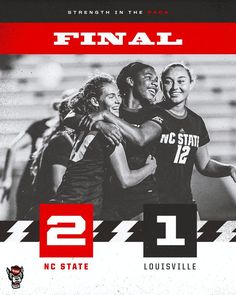 two girls hugging each other in front of a banner for the nc state women's soccer team