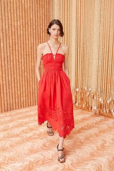 Ulla Johnson - Beatrice dress in Poppy red Sleeveless Frock, Eyelet Midi Dress, Nyc Boutiques, Gathered Bodice, Poppy Red, Knit Sweatshirt, Signature Print, Red Poppies, Event Dresses