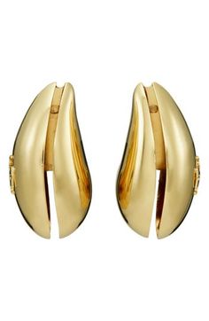 Grooved wave clip-on earrings offer sophisticated shine with an embossed logo and highly polished finish. 3/4"W x 1 3/4"L Clip-on style Goldtone or silvertone plate Imported Luxury Polished Clip-on Earrings For Evening, Luxury Polished Finish Clip-on Earrings For Evening, Designer Formal Earrings With Polished Finish, Designer Polished Finish Earrings For Formal Occasions, Modern Polished Clip-on Earrings For Evening, Luxury Polished Clip-on Earrings For Formal Occasions, Modern Yellow Gold Clip-on Earrings With Polished Finish, Embossed Logo, Clip On Earrings