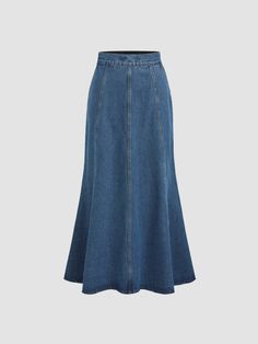 a woman is wearing a blue denim skirt Mermaid Denim Skirt, Fitted Denim Blue Maxi Skirt, Fitted Full Length Maxi Skirt In Medium Wash, High Rise Fitted Cotton Maxi Skirt, Fitted High Rise Cotton Maxi Skirt, Fitted Denim Maxi Skirt In Medium Wash, Fitted Cotton High Rise Maxi Skirt, Fitted Cotton Maxi Skirt In Medium Wash, Fitted Denim Flared Skirt