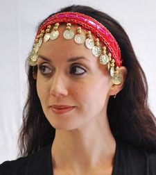 Headband - Red with Gold Coins by Belly Dance Costuming on Bellydance.com Festive Adjustable Crown Headband, Festive Adjustable Crown-shaped Headband, Adjustable Crown Headpiece For Festivals, Adjustable Crown Headpieces For Festival, Red Adjustable Headband Costume Accessory, Adjustable Red Headband Costume Accessory, Red Adjustable Costume Headband, Traditional Gold Headpieces For Celebration, Adjustable Gold Hair Accessories For Festive Occasions