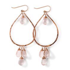 "Pale pink rose quartz briolettes are hand wrapped with rose gold fill and suspended by delicate rose gold fill teardrop hoops. Each teardrop hoop is hand shaped, forged, and polished to a glittering finish. These earrings are long, sparkly, and great for nights out. These earrings are in it for the long haul : we only use high quality 14k gold fill, which (unlike gold plate) will never wear off or change color no matter how much you wear them. The sterling silver version of these hoops are made Rose Gold Briolette Earrings, Rose Gold Hammered Dangle Earrings, Rose Gold Dangle Earrings With Rose Quartz, Rose Gold Hammered Teardrop Jewelry, Feminine Rose Gold Teardrop Earrings, Rose Gold Rose Quartz Drop Earrings, Teardrop Hoop Earrings, Geode Jewelry, Geode Earrings