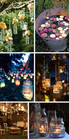 several different pictures with candles and flowers in them on the ground, hanging from strings