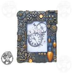 a clock with gears and other things surrounding it in a frame on a white background