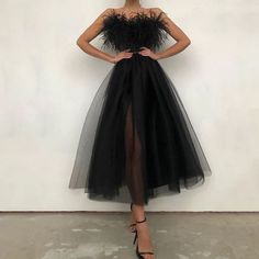 Spaghetti Straps Side Slit With Feather Tulle A Line Prom Dress Black Spaghetti Strap Dress For Banquet, Strapless Summer Midi Dress For Banquet, Summer Strapless Midi Dress For Banquet, Sweetheart Evening Dress, Chiffon Summer Dress, Haine Diy, Sheer Mesh Dress, A Line Prom Dresses, Tulle Prom Dress