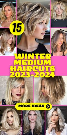 15 Winter Medium Haircuts for 2023-2024 - thepinkgoose.com Medium Haircuts, Medium Length Hair With Layers, Round Face Haircuts, Trending Haircuts, Haircuts With Bangs, Curtain Bangs