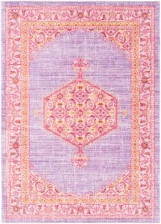 a purple rug with an ornate design on the front and back side, in pink tones