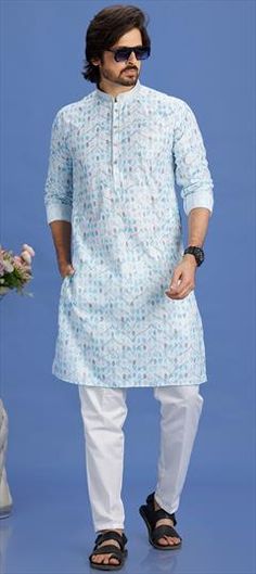 Blue color Kurta Pyjamas in Cotton fabric with Digital Print, Sequence, Thread work Light Blue Cotton Kurta For Wedding, Blue Cotton Kurta For Wedding, Blue Cotton Wedding Kurta, Wedding Kurta, Cotton Wedding, Festive Wedding, Eid Special, Wedding Blue, Thread Work