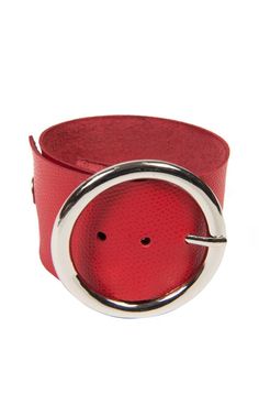 Extravagant Red Wristband - METBR4A A great everyday bracelet in a vivid red color and with a statement metal holder. This wide bracelet is very easy to wear and will be a great accent on a black outfit and will make it stand out even more. It has two snap buttons for closure as well as belt loops for the metal holder. This band is about 12 inches / 31 cm long and about 2 inches / 5 cm wide. This bracelet is made of 100% genuine leather. The item cannot be custom made. NOTE! Since every piece is Adjustable Red Bangle Cuff Bracelet, Modern Red Leather Bracelet, Red Metal Cuff Bracelet, Red Bangle Bracelet For Fashion Accessory, Adjustable Red Bracelets, Red Metal Bangle Cuff Bracelet, Red Metal Cuff Bracelet Bangle, Trendy Red Adjustable Leather Bracelet, Red Adjustable Metal Cuff Bracelet