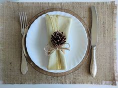 a place setting with pine cone napkins and silverware