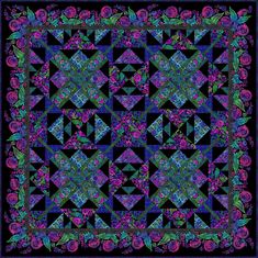 a square quilt with flowers and leaves in the center on a black background, it is very