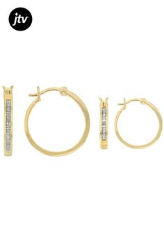 0.25ctw round white diamond, 14k yellow gold over sterling silver set of 2 hoop earrings. Measure approximately 5/8"L x 1/16"W and 13/16"L x 1/16"W and have saddleback backings. White rhodium enhanced prongs. Everyday Gold Channel Set Jewelry, Everyday Gold Jewelry With Channel Set, Gold Hoop Jewelry With Channel Set, Everyday Yellow Gold Channel Set Jewelry, White Diamond, Hoop Earrings, Yellow Gold, Sterling Silver, Yellow